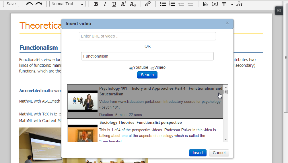 the editor with the video chooser dialog open