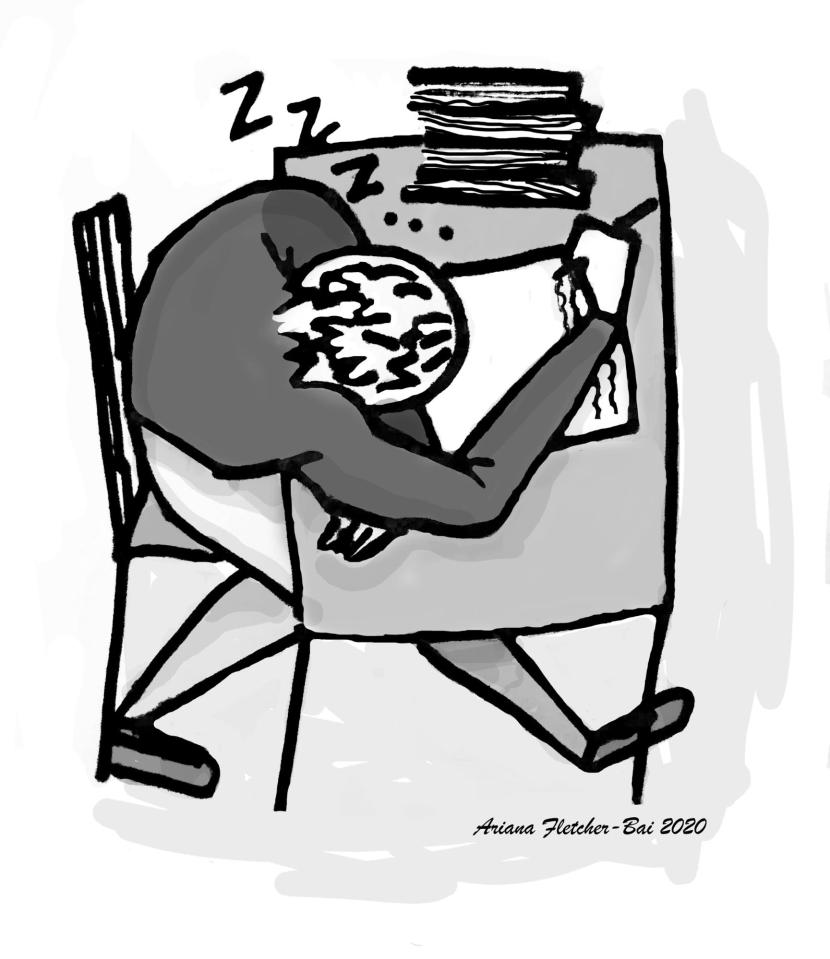 Student sleeping akimbo at desk covered with books.