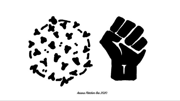 b&w drawing of covid19 virus next to black hand