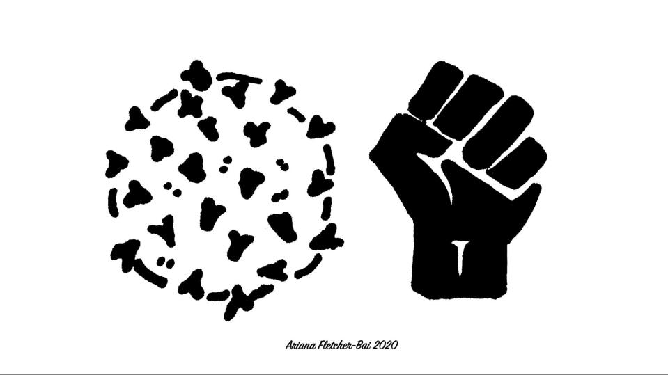 b&w drawing of covid19 virus next to black hand