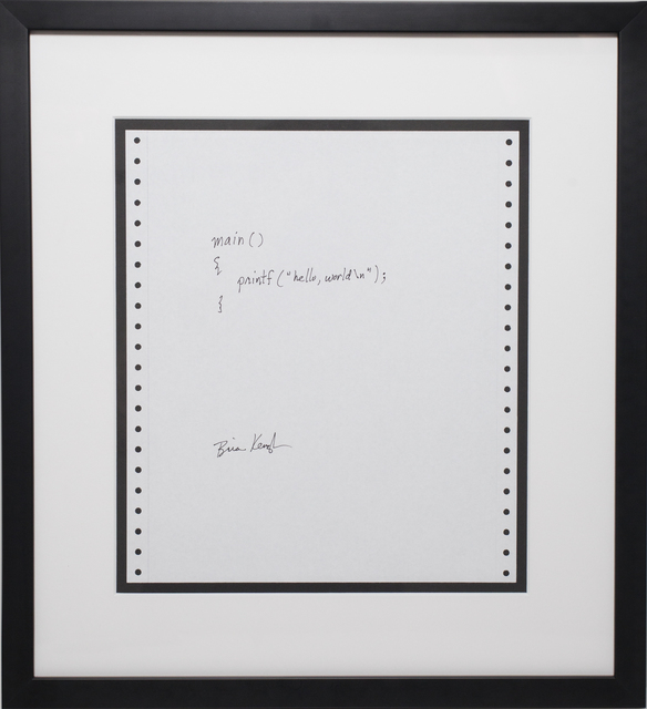 Framed pen and ink of Brian Kernighan's famous Hello World program. 'Main(){printf("Hello, worldn");}'